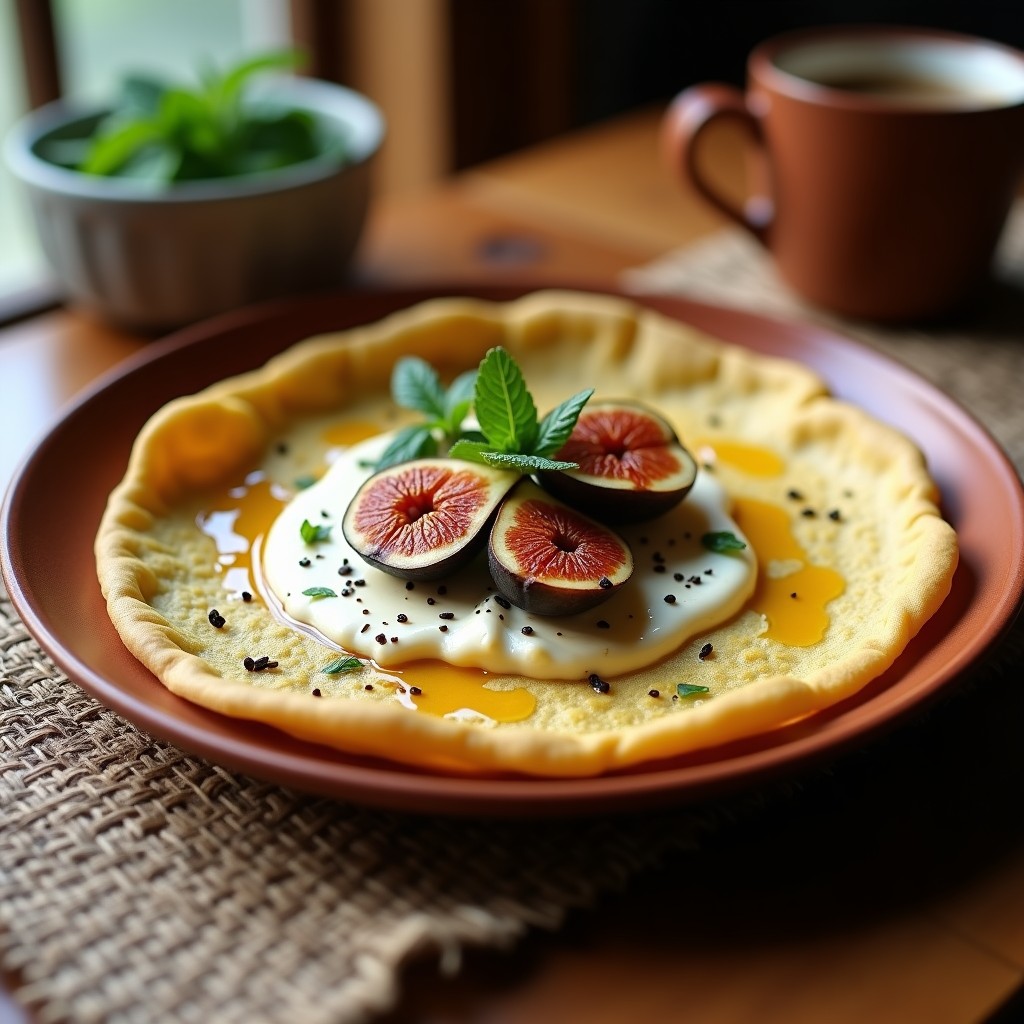 Tortita dorada de maíz azul con textura ligeramente rugosa, coronada por queso de anacardos cremoso y higos asados caramelizados, decorada con semillas de chía y hojas de menta fresca sobre un plato de barro rústico. Desayuno mexicano vegano.