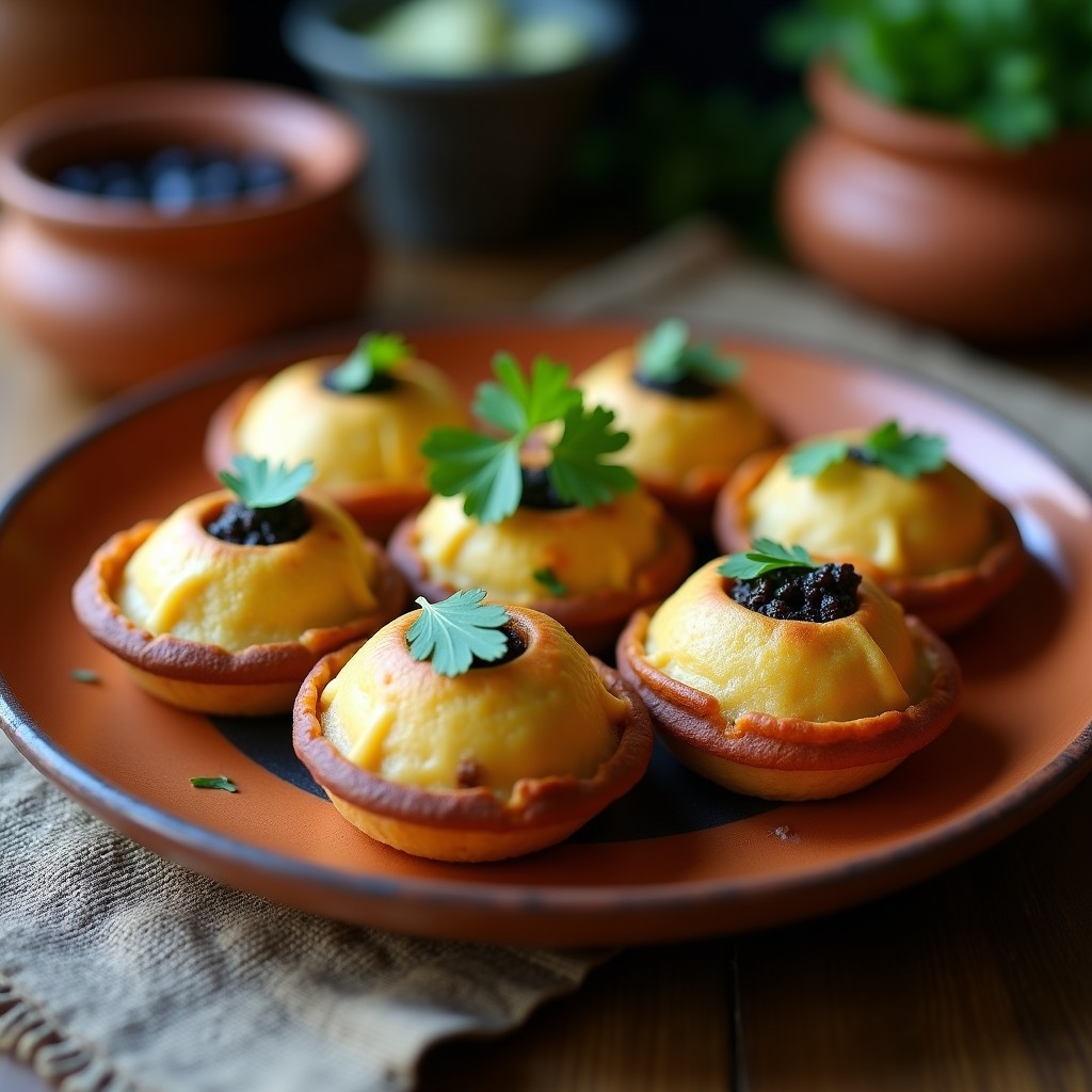 Plato rústico de barro con 8 tortitas doradas de maíz azul, rellenas de huitlacoche, decoradas con semillas de sésamo negro y acompañadas de epazote fresco. Receta mexicana gourmet de tortitas de maíz azul con huitlacoche.
