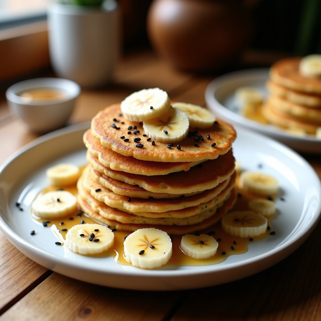 Plato blanco con tortitas doradas de algas nori y avena, apiladas y decoradas con semillas de sésamo, crema de cacahuete y rodajas de plátano. Receta vegana de desayuno alto en proteína.