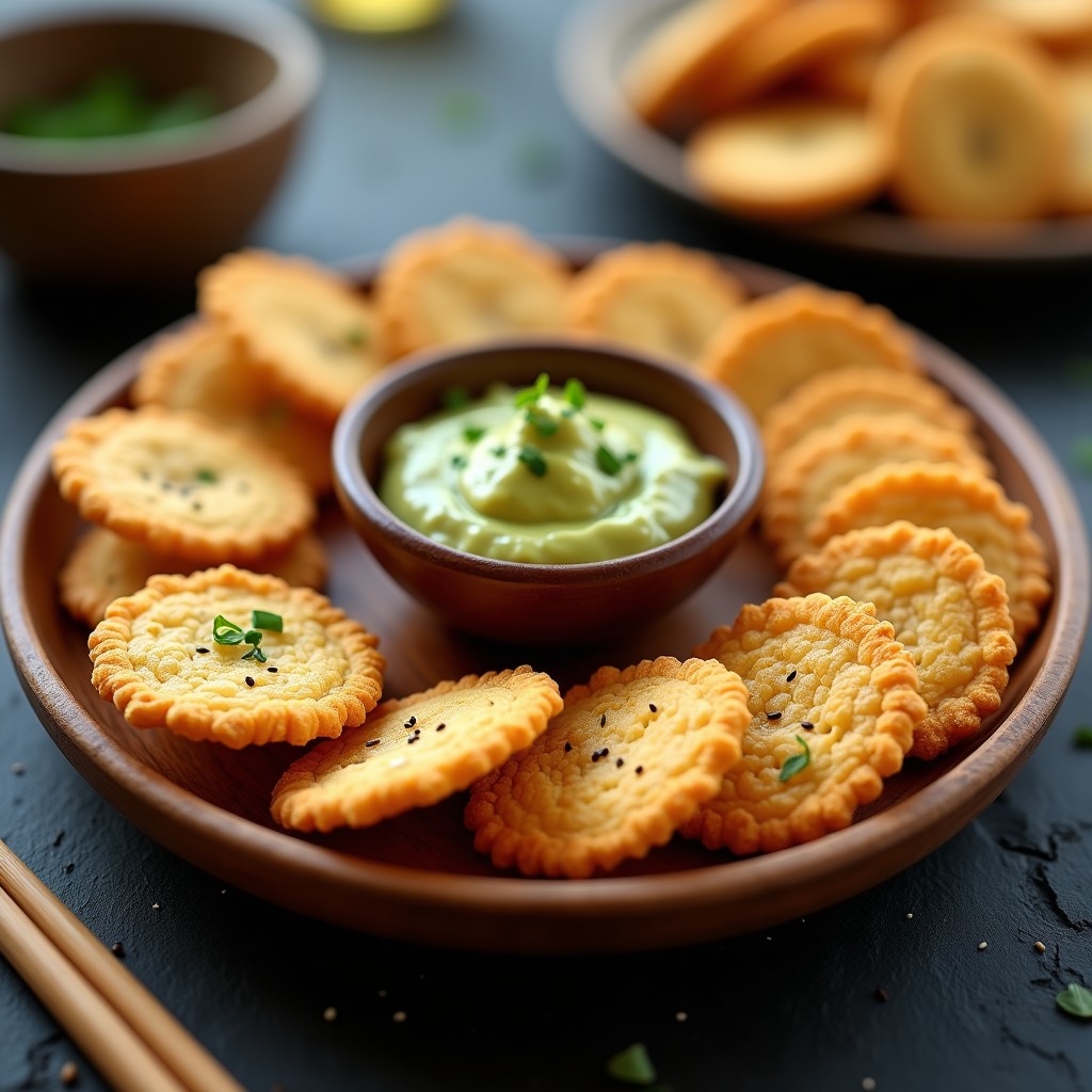 Tortitas doradas y crujientes de algas nori dispuestas en un plato de madera rústica, con semillas de sésamo visibles y un toque de pimentón ahumado, receta vegana en airfryer.