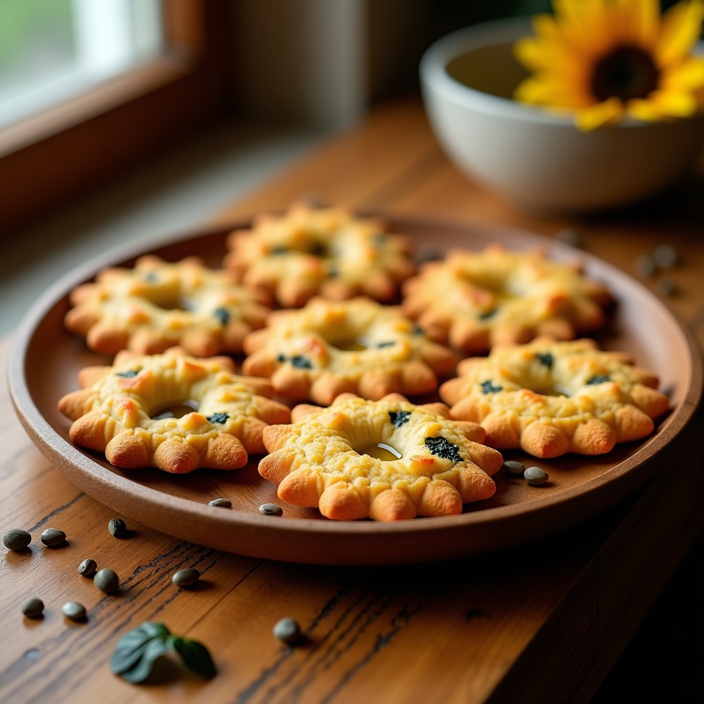 Tortitas doradas y crujientes de algas nori rellenas de semillas de girasol, con semillas de sésamo negro espolvoreadas, servidas en una bandeja de bambú junto a un dip cremoso, receta vegana en airfryer.
