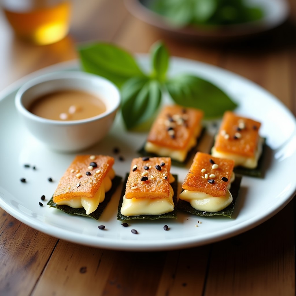 Tortitas doradas de algas nori rellenas de queso vegano, servidas en plato blanco con salsa de sésamo y semillas negras. Receta crujiente y alta en proteína.