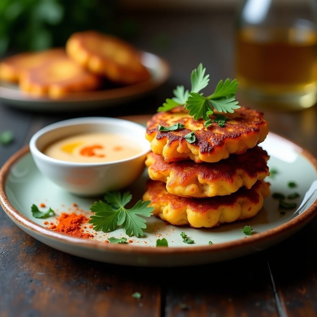 Tortitas doradas y crujientes de altramuz y calabaza en un plato de barro rústico, acompañadas de un bol pequeño con salsa de tahini cremosa y decoradas con hojas de perejil fresco. Receta keto en airfryer.