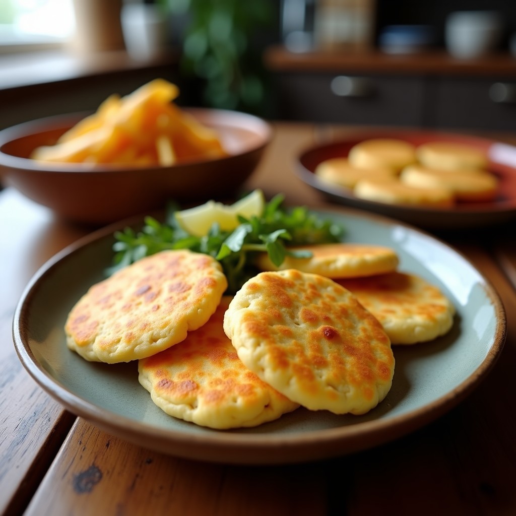 Tortitas de arepa venezolana doradas y crujientes rellenas de queso derretido, servidas en un plato de madera con salsa de aguacate al lado.