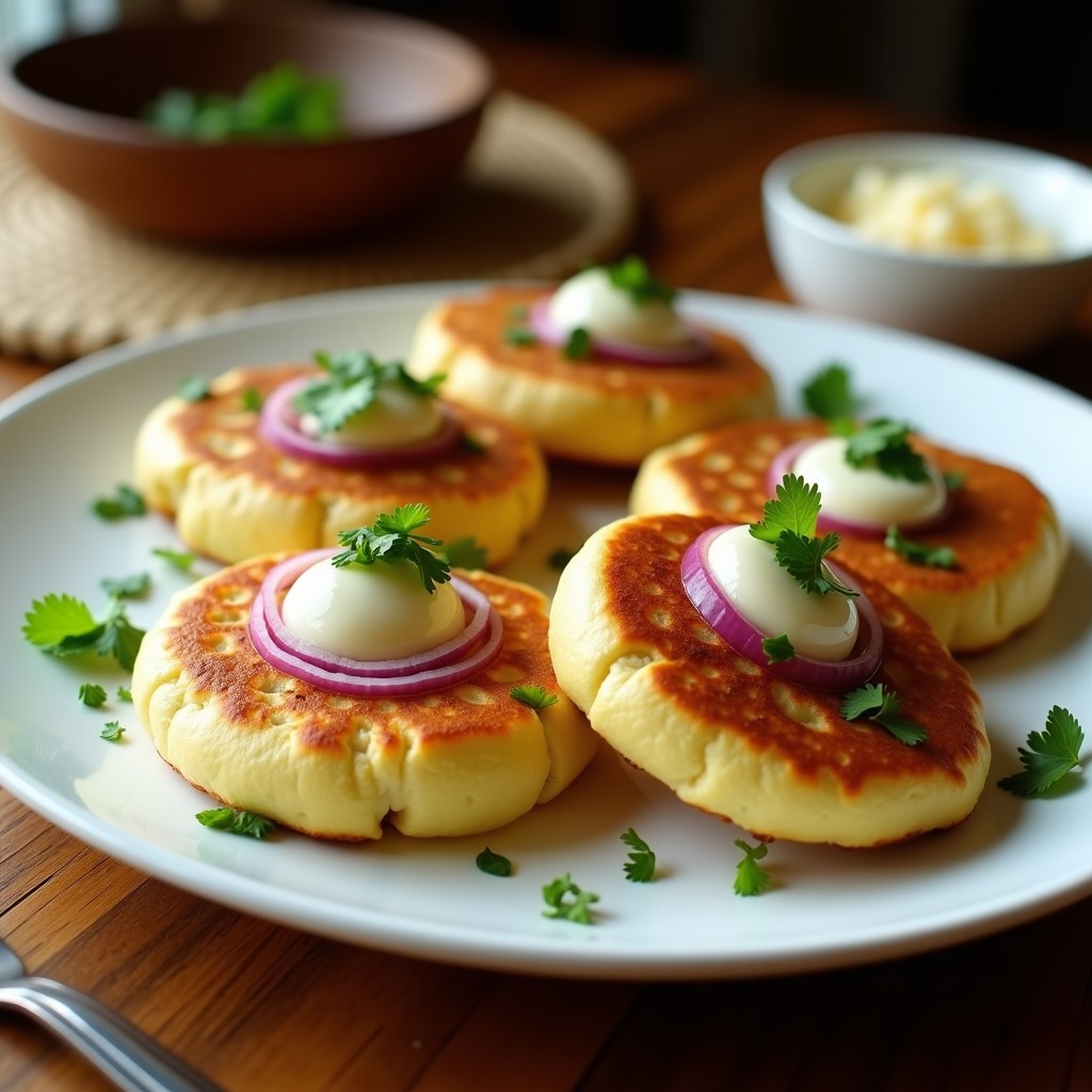 Plato rústico con tortitas doradas de arepa de yuca rellenas de queso fresco derretido, acompañadas de cilantro fresco y rodajas de cebolla morada. Receta sin gluten y esponjosa.