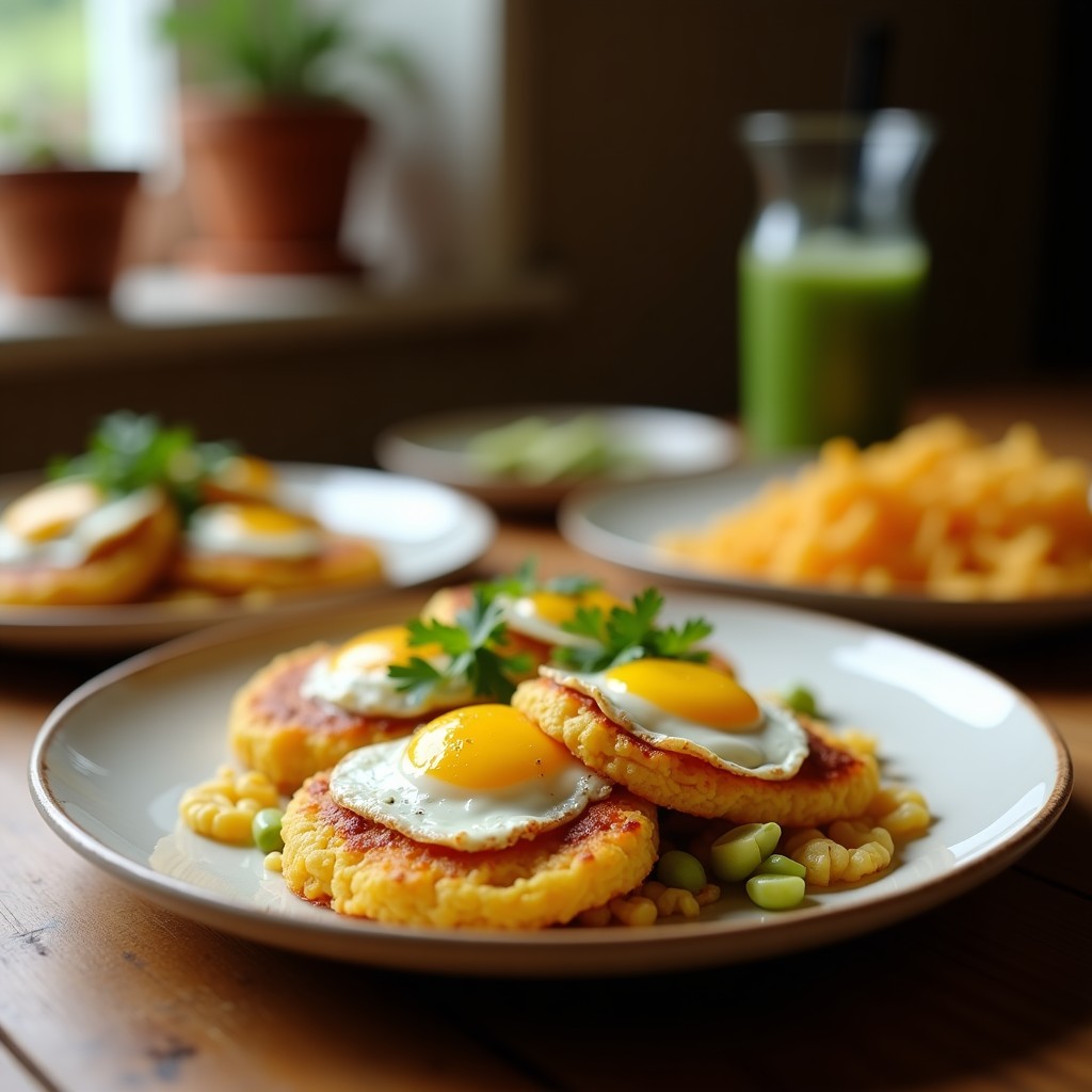 Plato blanco con tortitas doradas de arroz inflado, láminas de aguacate cremoso y huevos de codorniz con yema líquida, decoradas con semillas de sésamo negro y cebollino fresco, receta sin gluten y alta en grasas saludables.