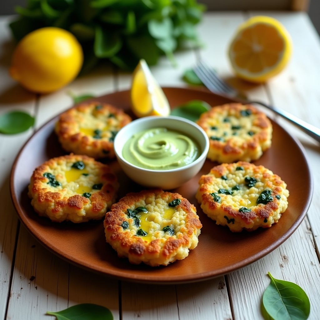 Tortitas doradas de arroz y espinacas servidas en un plato de madera, crujientes por fuera y tiernas por dentro, acompañadas de un dip cremoso, receta airfryer sin gluten.