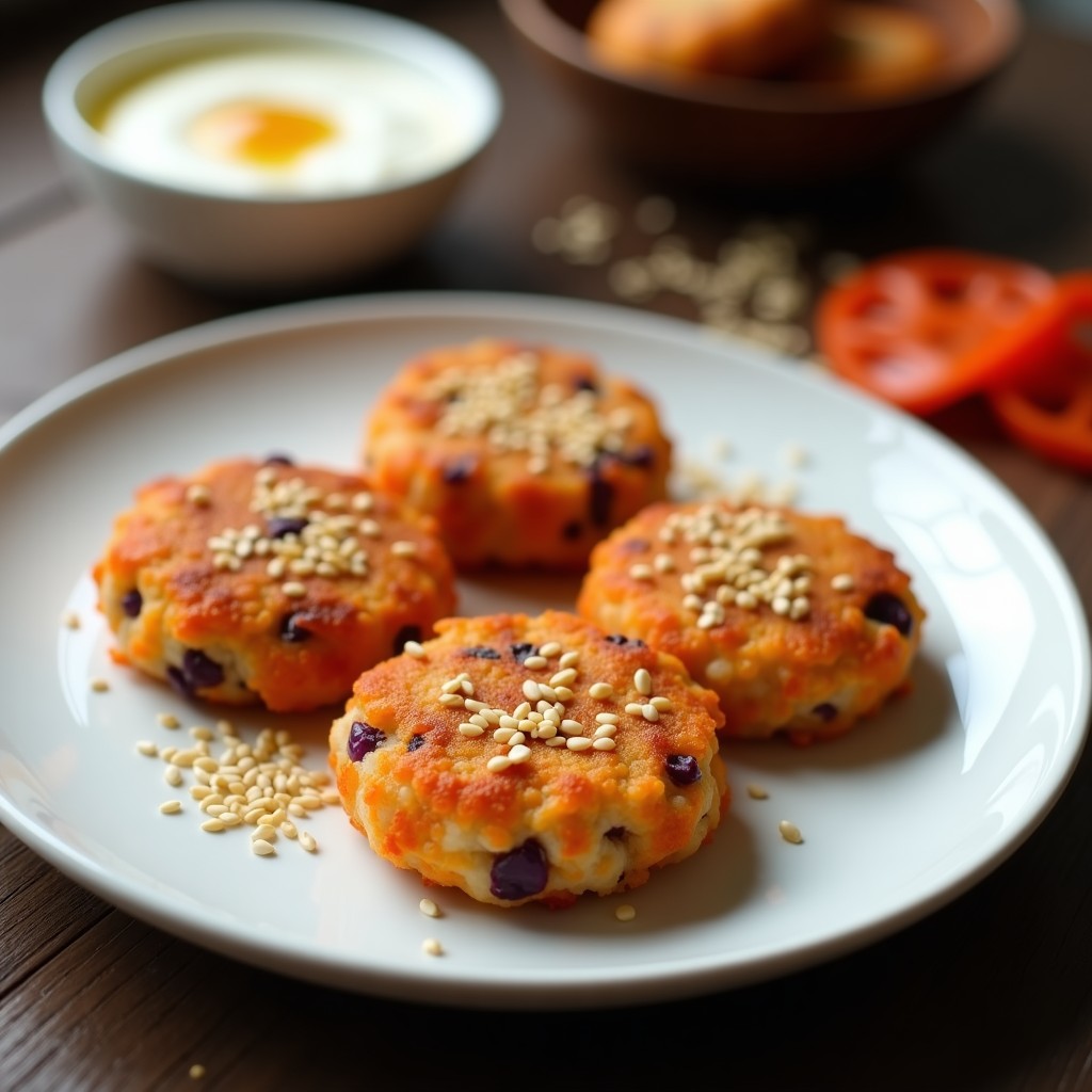 Tortitas doradas y crujientes de arroz fermentado con kimchi vegano, espolvoreadas con semillas de sésamo, servidas en un plato blanco con un dip de yogur y jengibre al lado.