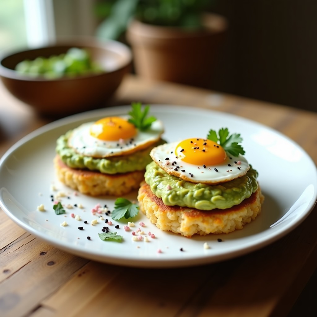 Plato blanco con tortitas de arroz inflado crujiente, aguacate en trozos cremosos, huevo poché con yema líquida, espinacas frescas y semillas de chía. Desayuno keto y alto en proteínas con texturas contrastadas.