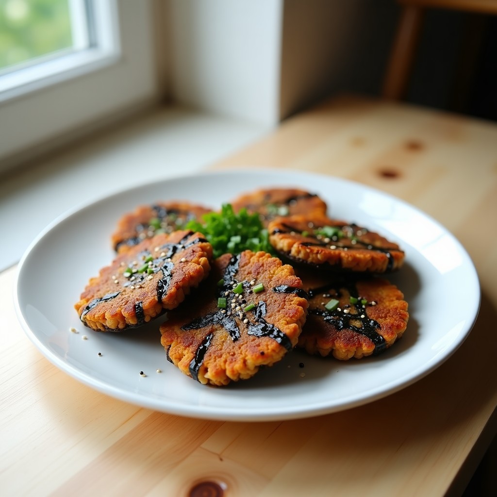 Tortitas doradas y crujientes de arroz negro con tiras de algas nori, servidas en un plato blanco con semillas de sésamo negro espolvoreadas y cebollino fresco.