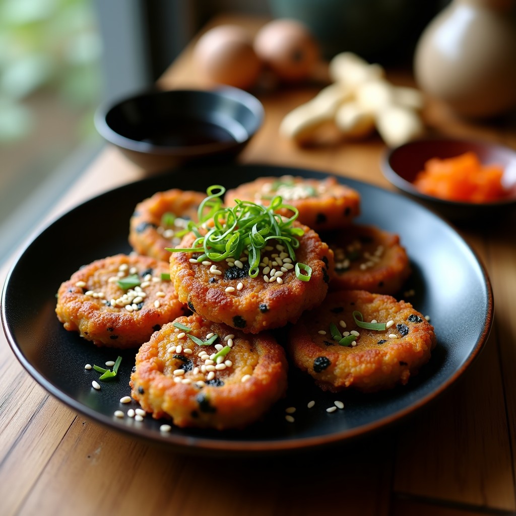 Tortitas doradas y crujientes de arroz negro con algas nori y wakame, servidas en un plato de cerámica negra con semillas de sésamo y salsa de soja al lado, receta japonesa sin gluten.