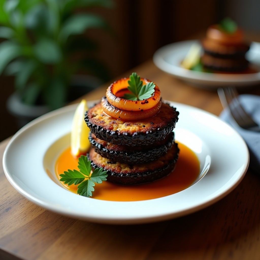 Plato blanco con tortitas doradas de arroz negro apiladas, coronadas con calamares ahumados en anillos y decoradas con perejil fresco y rodajas de limón.