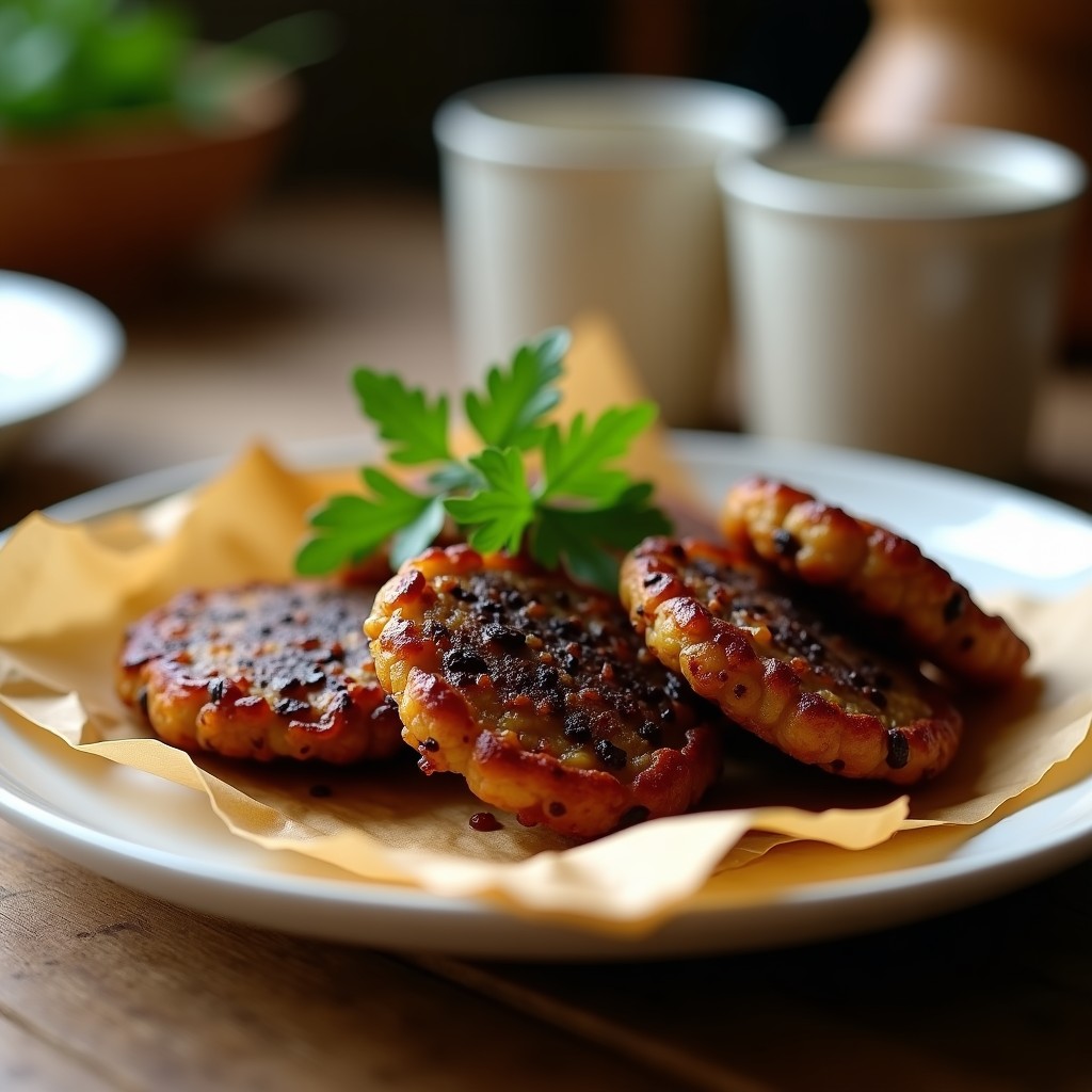 Plato de tortitas doradas de arroz negro con cebolla caramelizada, crujientes y bien presentadas sobre papel absorbente, decoradas con perejil fresco.