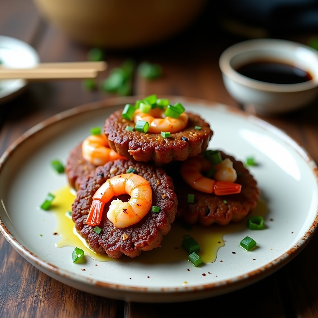 Tortitas doradas de arroz negro con gambas rosadas salteadas, decoradas con cebollino fresco y un hilo de aceite de sésamo, servidas en un plato blanco rústico.