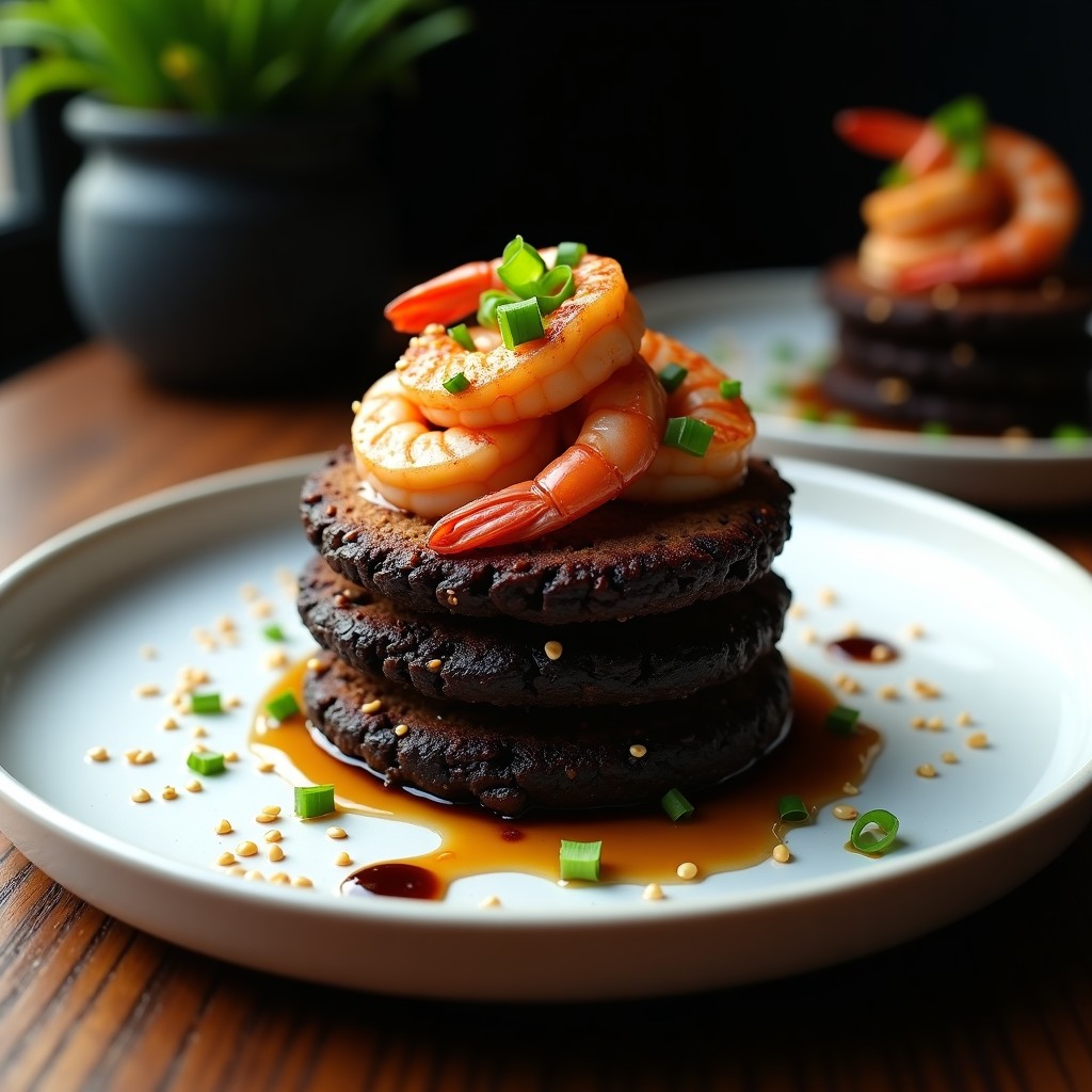 Plato blanco con tortitas doradas de arroz negro apiladas, coronadas con gambas salteadas brillantes y semillas de sésamo, acompañadas de cebollino fresco y salsa de soja, receta umami alta en proteína.