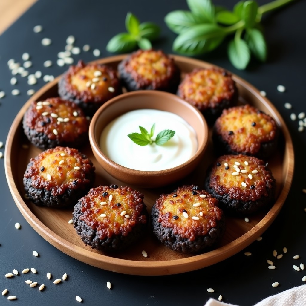 Tortitas doradas y crujientes de arroz negro veganas dispuestas en un plato de madera rústico, con semillas de sésamo visibles y un toque de alga nori, servidas con un dip cremoso.