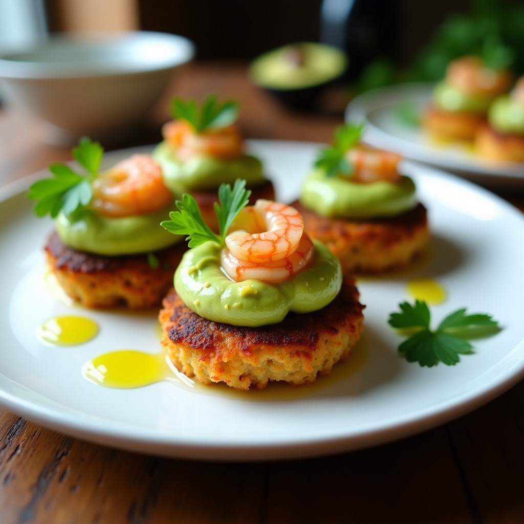 Tortitas doradas y crujientes de arroz silvestre en airfryer, servidas con un mousse cremoso de aguacate y trozos de langostinos frescos, decoradas con cebollino. Plato keto elegante y sofisticado.
