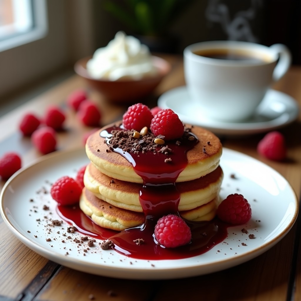 Plato blanco con dos tortitas doradas de avellanas y chocolate 85%, apiladas con compota de frambuesa brillante en el centro, decoradas con virutas de chocolate y avellanas picadas. Fondo borroso con frambuesas frescas y una taza de café.