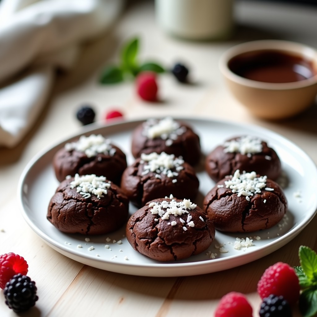 Tortitas redondas de azuki y chocolate sin horno, cubiertas de coco rallado, sobre un plato blanco con frutos rojos y hojas de menta, receta vegana y alta en proteína.
