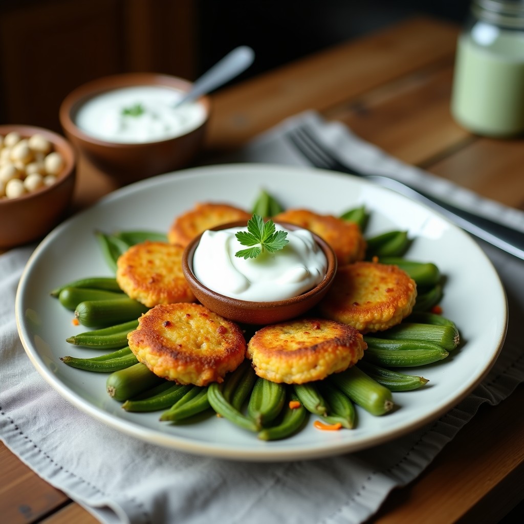 Plato blanco con tortitas doradas de bamia y garbanzos, crujientes por fuera y tiernas por dentro, acompañadas de un bol de salsa cremosa de yogur de coco espolvoreada con semillas de sésamo y cilantro fresco. Receta libanesa sin gluten.