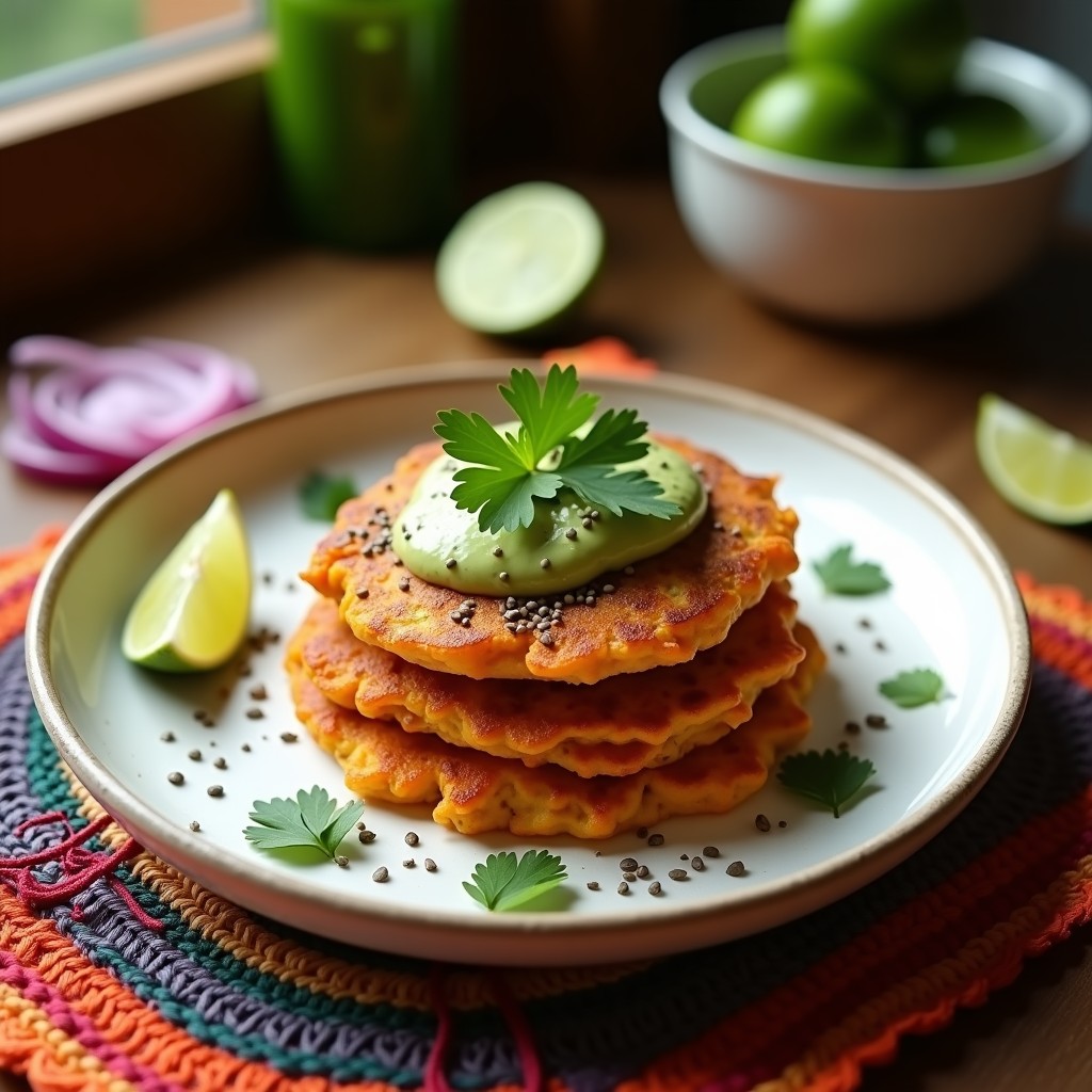 Plato de tortitas doradas de batata y cilantro con crema de aguacate verde, decoradas con semillas de chía y hojas de cilantro fresco, desayuno mexicano sin harina.