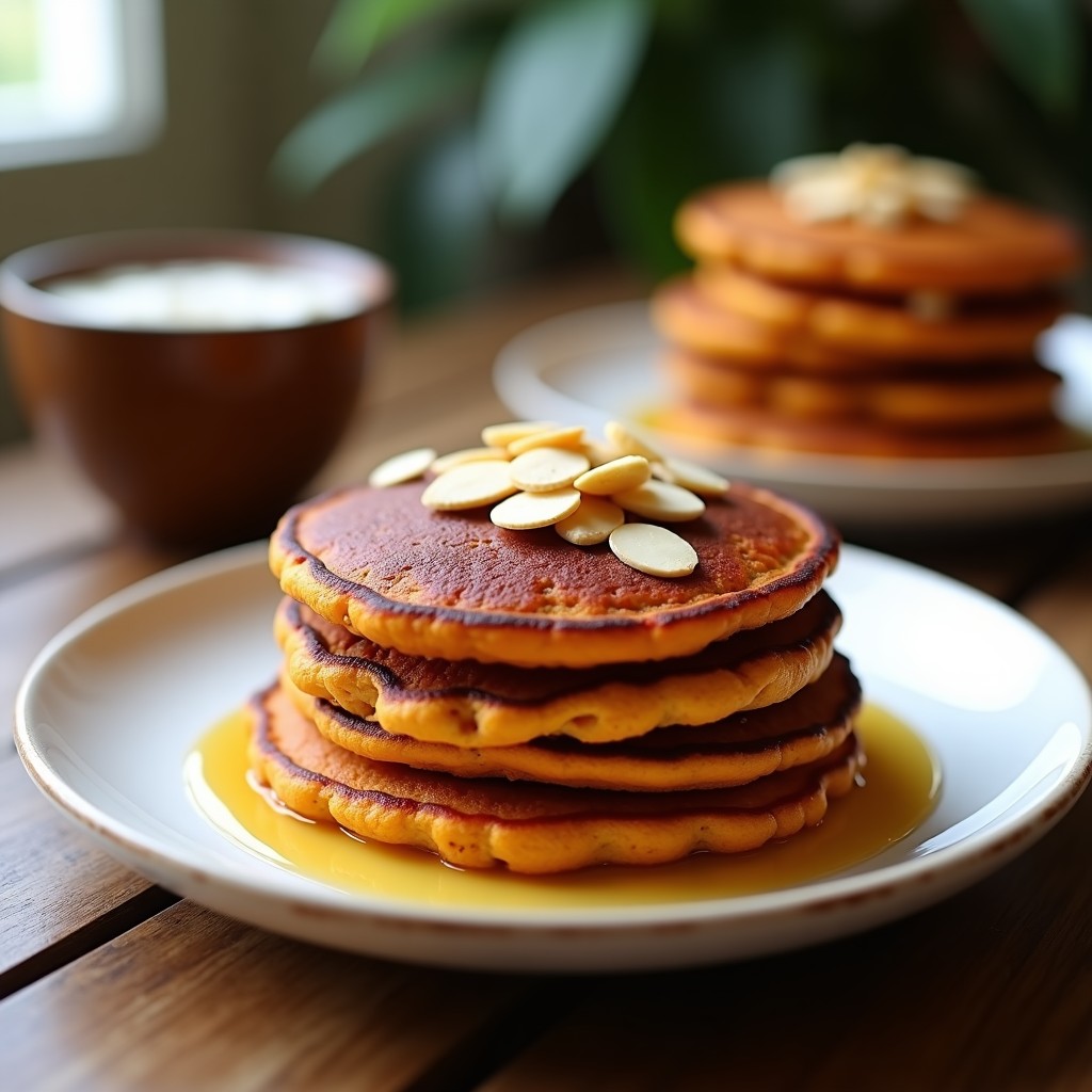 Tortitas doradas de batata morada y cúrcuma apiladas en un plato blanco, con anacardos picados encima y un fondo de cocina rústico. Desayuno antiinflamatorio en airfryer.