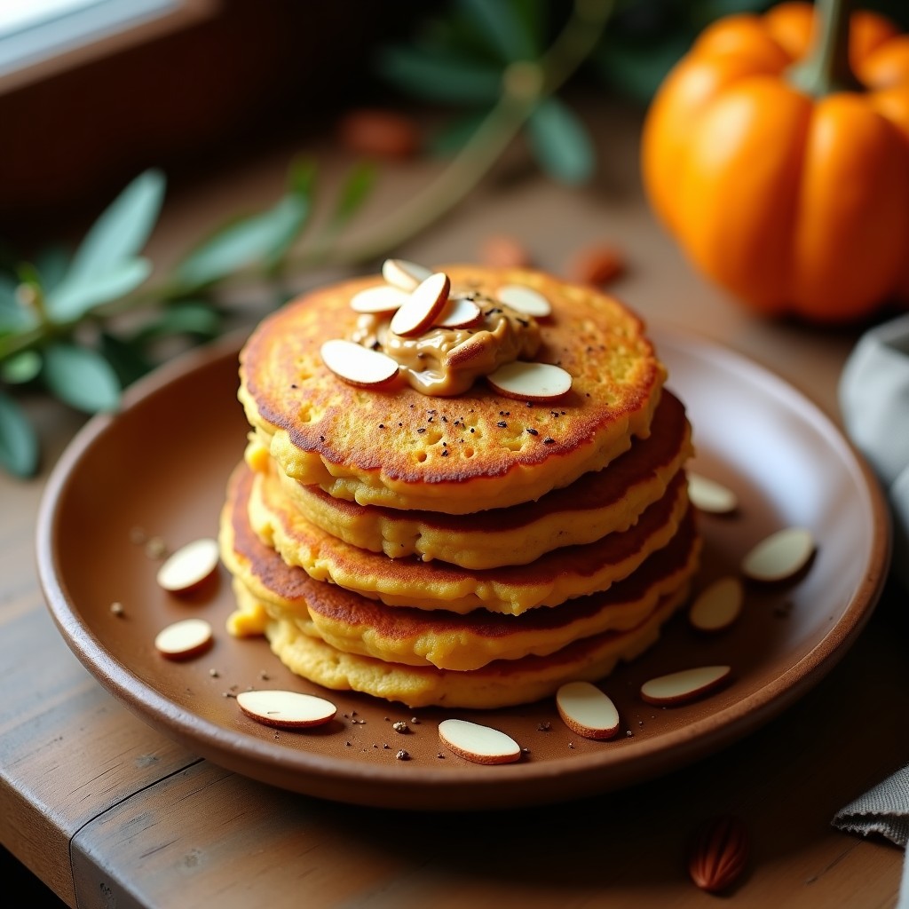 Plato de tortitas doradas de bellota y calabaza kabocha keto, apiladas con almendras fileteadas tostadas y un chorrito de mantequilla de almendras, sobre fondo rústico de madera con hojas de roble.