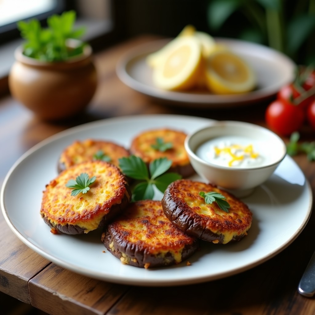 Tortitas doradas de berenjena y parmesano en airfryer, crujientes por fuera y cremosas por dentro, servidas en plato blanco con salsa de yogur y hierbas frescas.