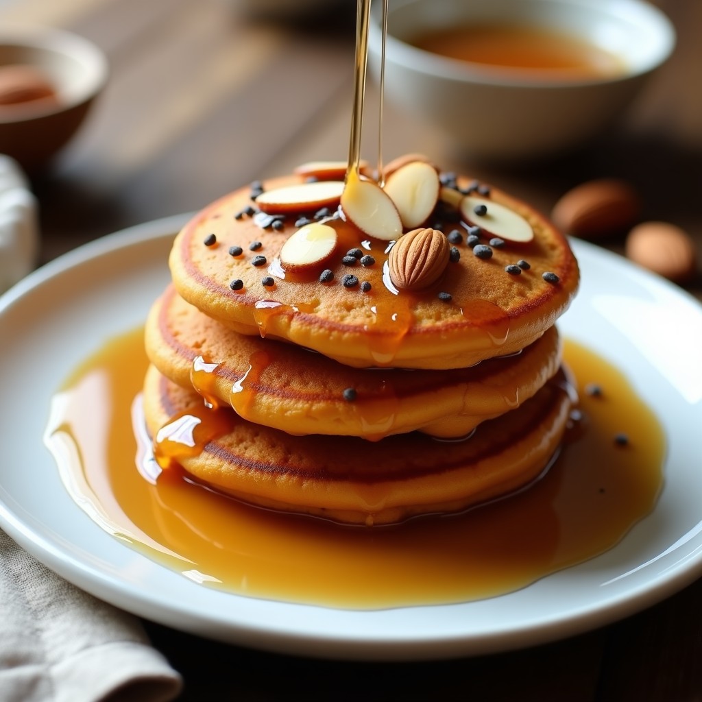 Plato blanco con tortitas doradas de boniato y almendras apiladas, bañadas en sirope de dátiles brillante, decoradas con almendras fileteadas y semillas de chía, sobre fondo rústico de madera. Receta vegana y keto.