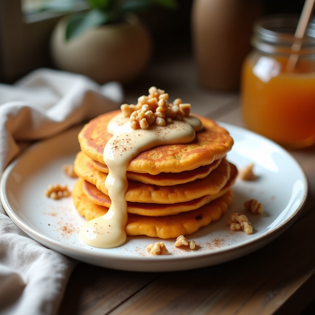 Plato blanco con tortitas doradas de boniato y canela apiladas, bañadas con salsa cremosa de yogur de soja y miel de agave. Decoradas con nueces picadas y un toque de canela en polvo. Fondo rústico con servilleta de lino.