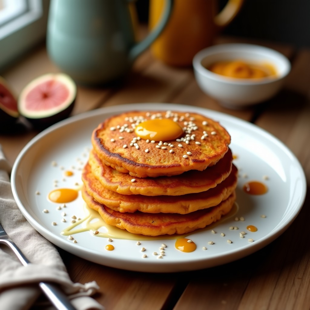 Plato blanco con tortitas doradas de boniato y tahini en airfryer, apiladas con crema de anacardos y frutos rojos, desayuno sin harina y sin azúcar.