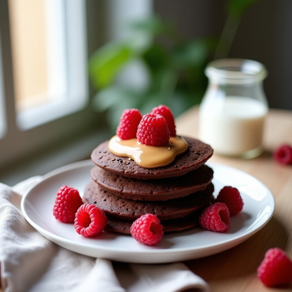 Plato blanco con tortitas de harina de cacao y semillas de cáñamo apiladas, desayuno keto y energético, acompañadas de crema de cacahuete y frutos rojos frescos.