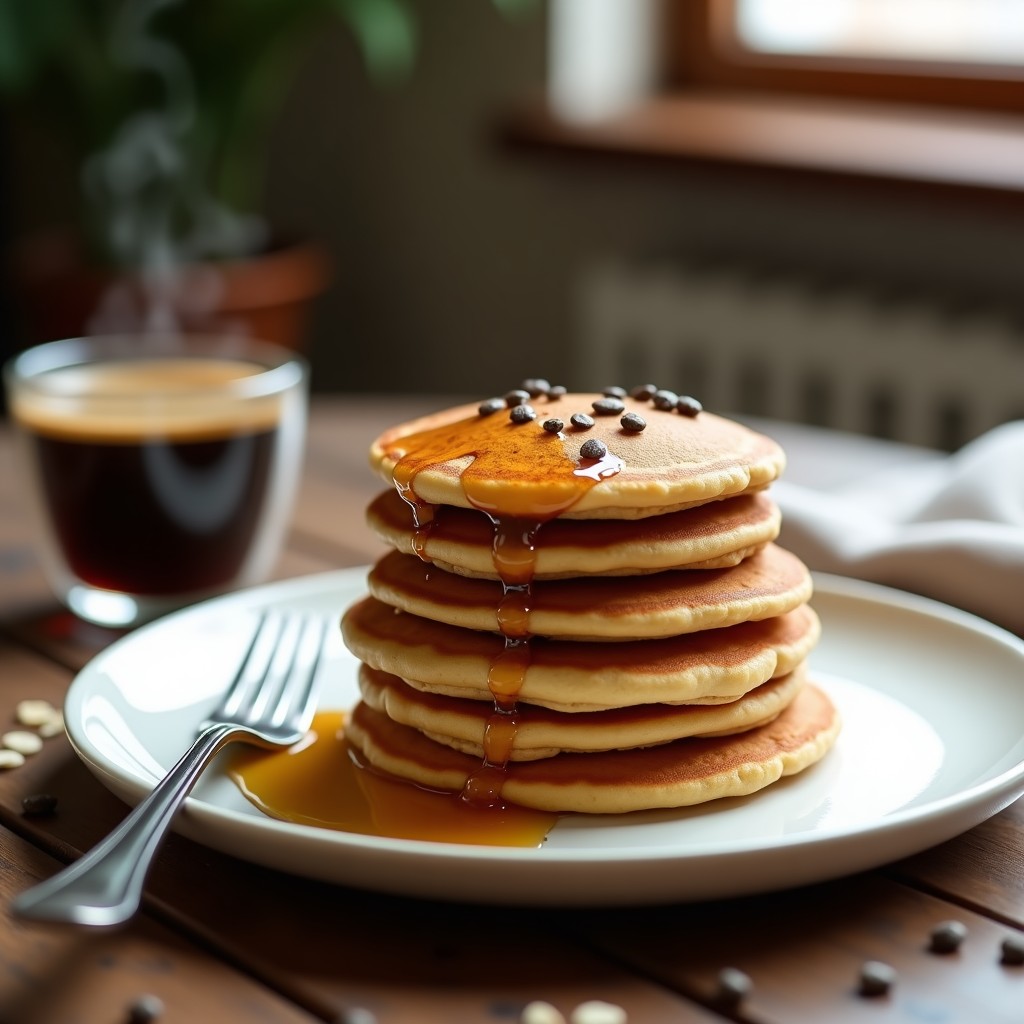 Pila de tortitas doradas de café y avena con textura esponjosa, servidas en un plato blanco con un hilo de miel y semillas de chía, acompañadas de una taza de café.
