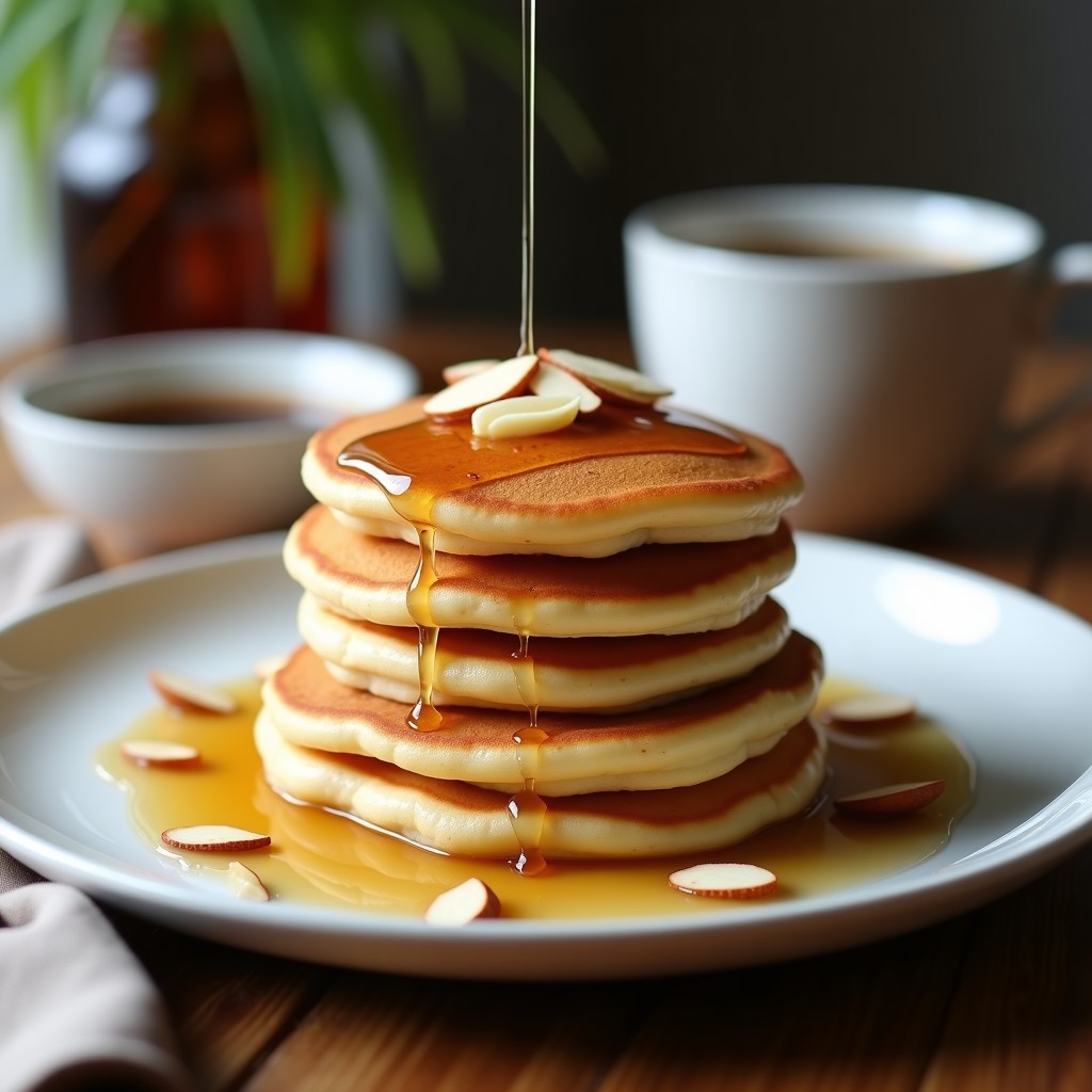 Pila de tortitas doradas y esponjosas de café y cardamomo keto, servidas en un plato blanco con sirope sin azúcar y virutas de almendra, receta sin azúcar.