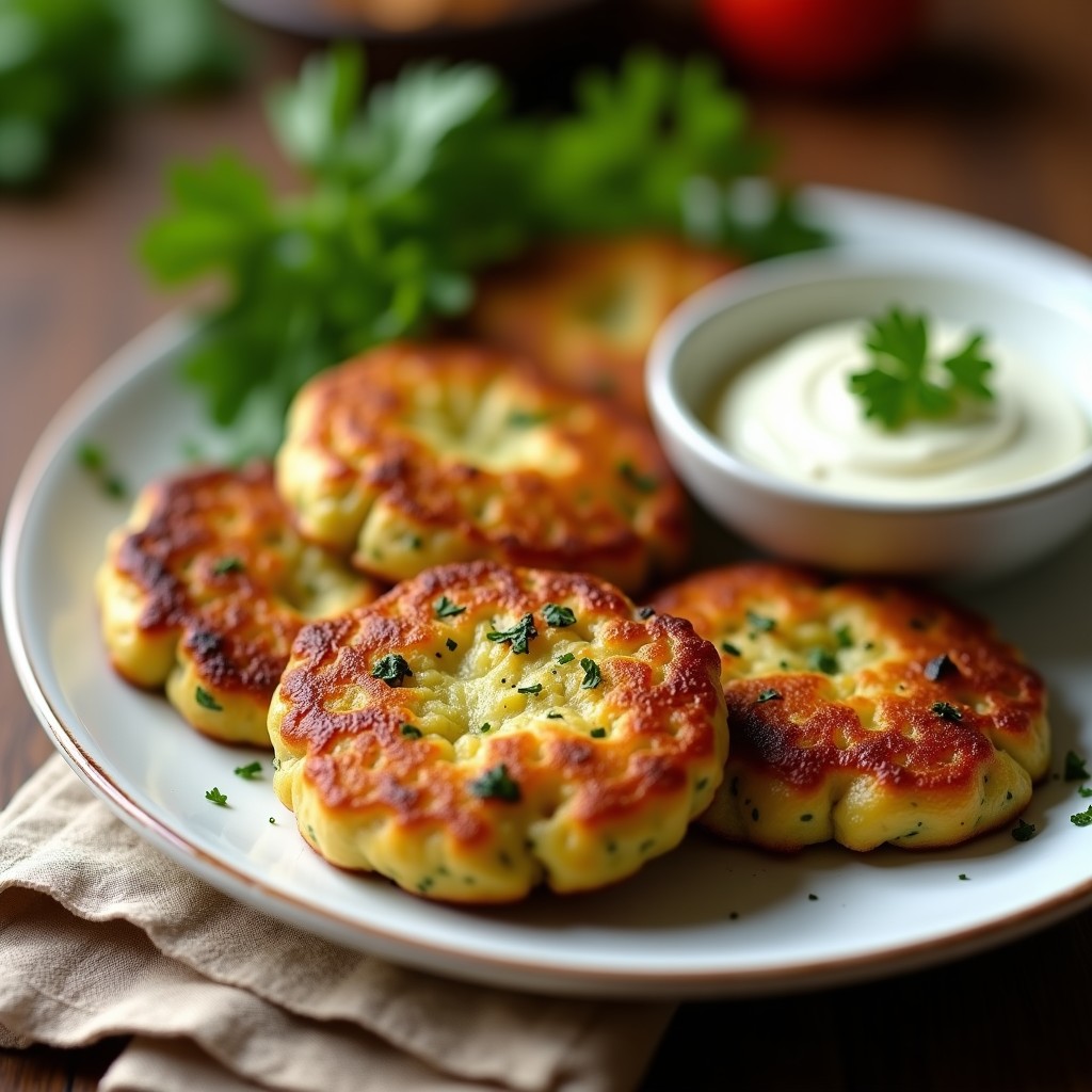 Tortitas doradas y crujientes de calabacín y ajo negro servidas en un plato blanco rústico, acompañadas de un dip cremoso y hierbas frescas, receta airfryer.