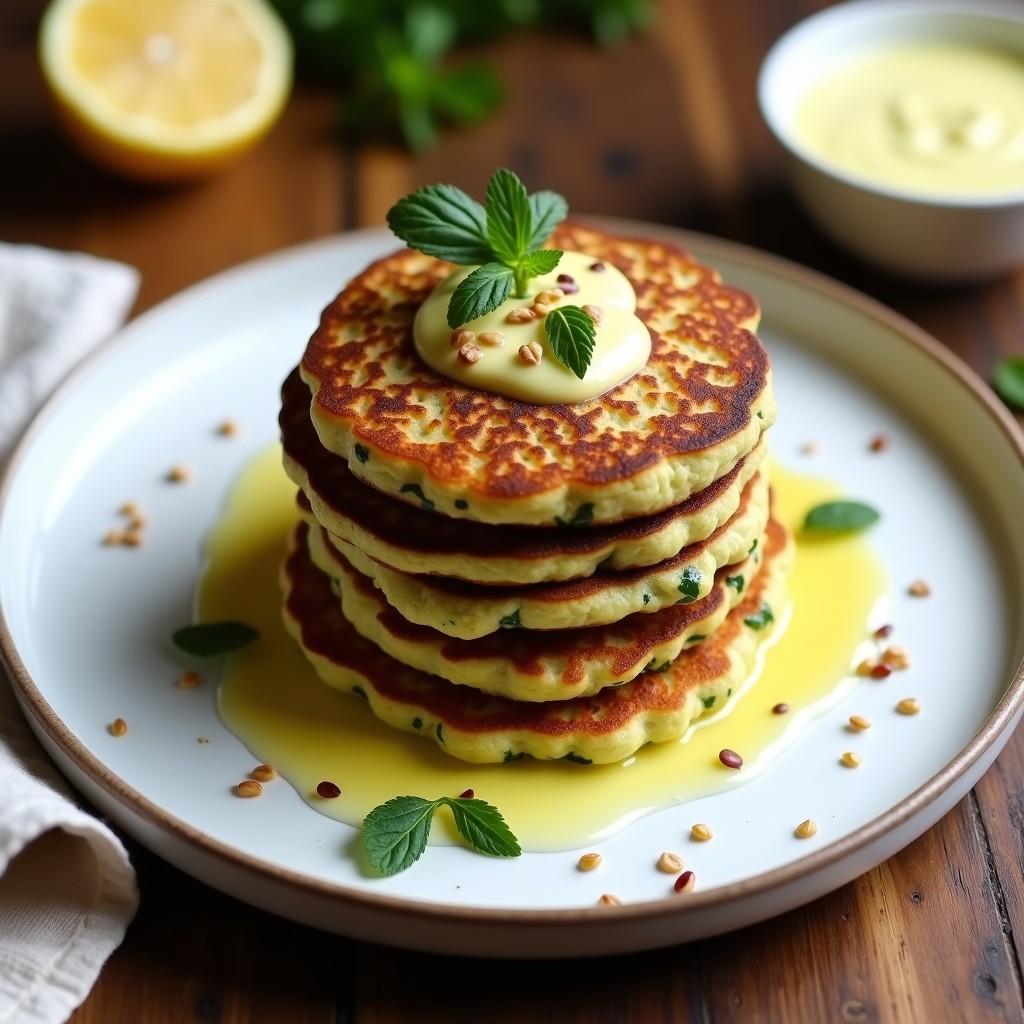 Plato blanco con tortitas doradas de calabacín y semillas de chávez apiladas, acompañadas de un bol pequeño con dip cremoso de yogur de soja, decorado con hierbas frescas y semillas. Receta vegana y keto para desayuno saludable.