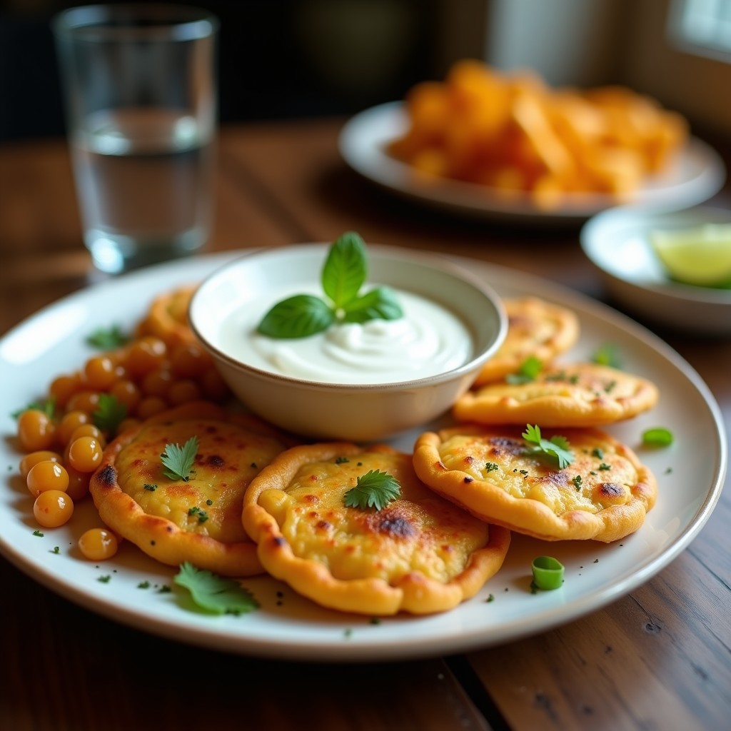 Plato blanco con tortitas doradas de calabacín y garbanzos, crujientes por fuera, acompañadas de un dip cremoso de yogur de soja con hierbas provenzales. Decoradas con semillas de sésamo y perejil fresco, sobre un fondo rústico de madera.