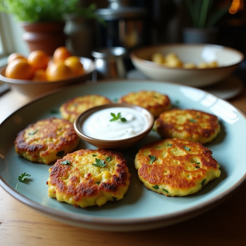 Tortitas doradas de calabacín y garbanzos con semillas de sésamo, servidas en plato de barro con salsa cremosa de yogur de coco y hojas de cilantro fresco, receta india sin aceite.