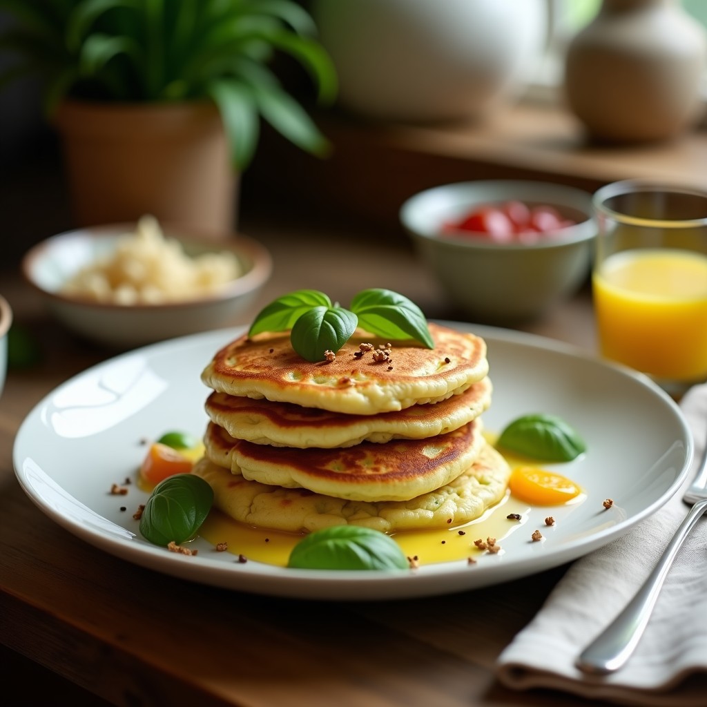 Tortitas doradas de calabacín y harina de coco apiladas en un plato blanco, con un hilo de sirope de arce y semillas de chía espolvoreadas. Fondo rústico con ingredientes como calabacín, harina de coco y canela dispersos.