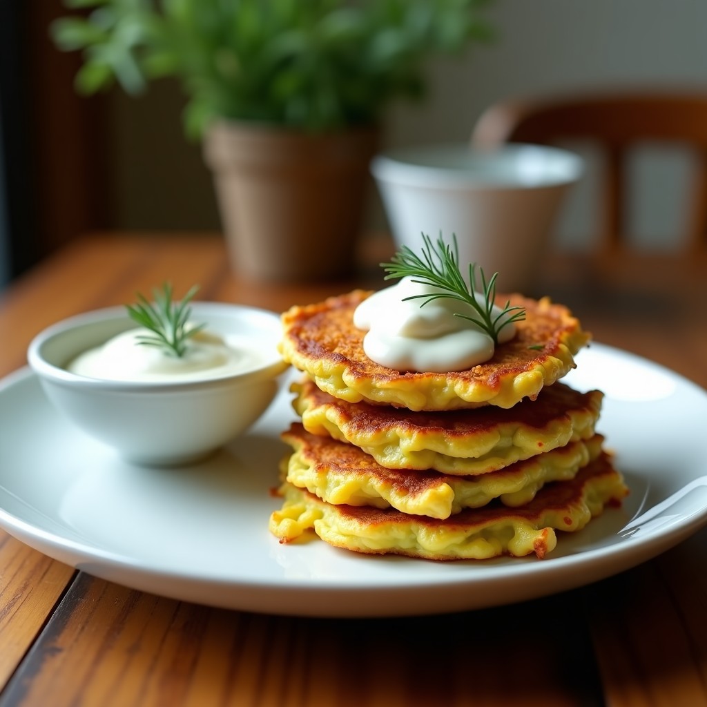 Plato blanco con tortitas doradas de calabacín y huevo, acompañadas de salsa cremosa de yogur y eneldo fresco. Desayuno keto rápido y saludable sobre fondo rústico de madera.