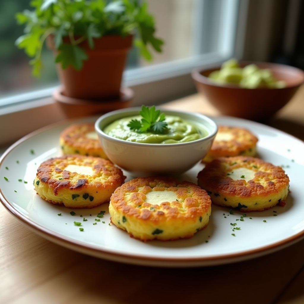 Tortitas doradas y crujientes de calabacín y queso de castañas servidas en un plato rústico de madera, con un dip cremoso al lado y hierbas frescas decorando. Receta sin gluten y sin lácteos.