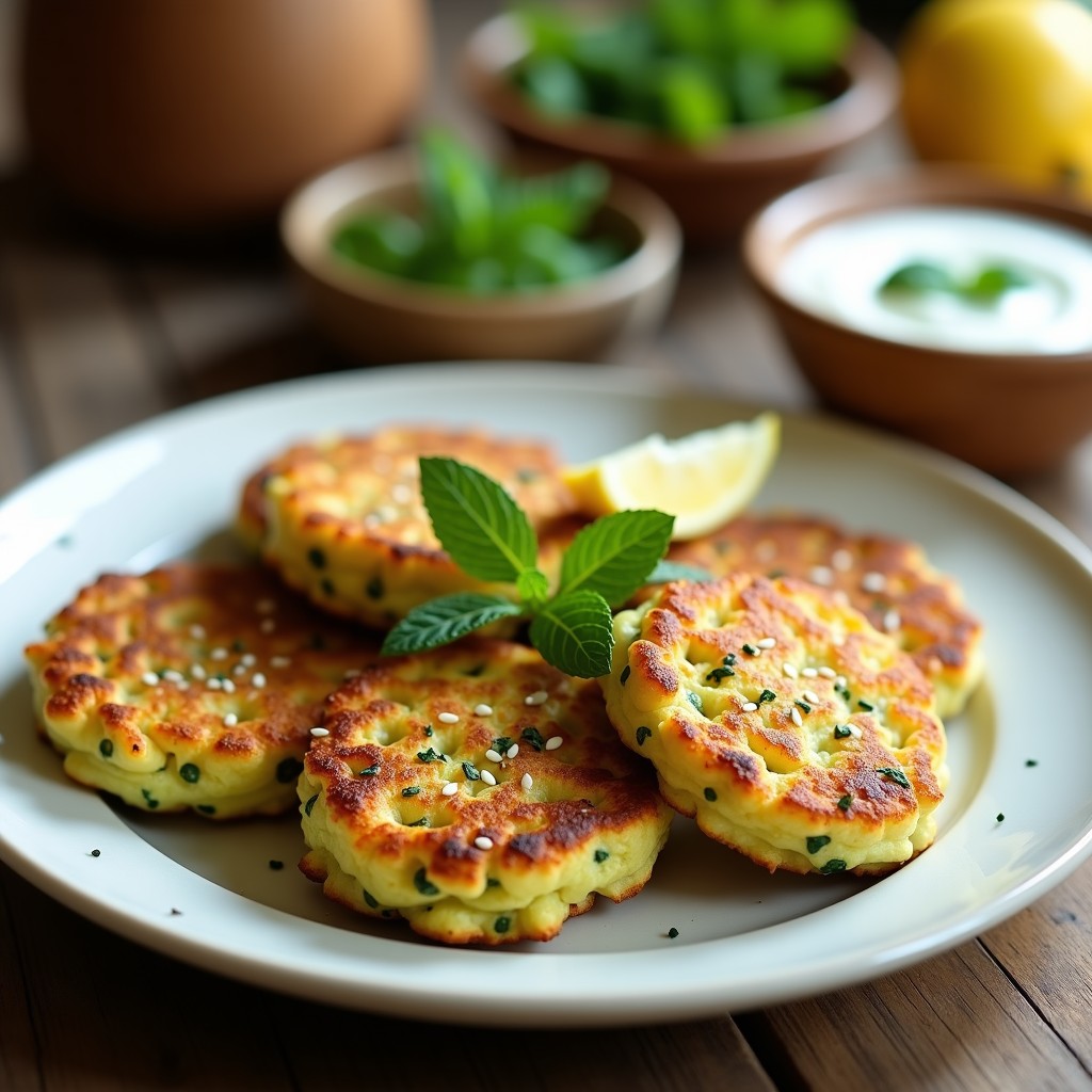 Tortitas doradas y crujientes de calabacín y queso feta con hierbas provenzales, servidas en un plato blanco con semillas de sésamo y rodajas de limón, receta baja en calorías en airfryer.