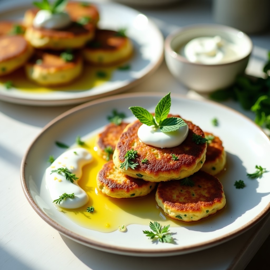 Plato blanco con tortitas doradas de calabacín y queso feta, decoradas con hierbas frescas y acompañadas de yogur griego con limón.