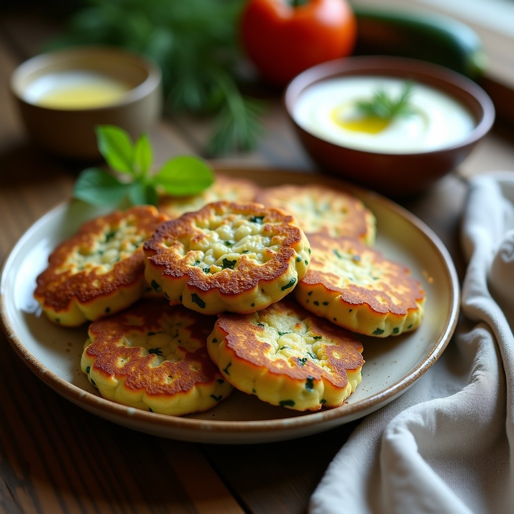 Tortitas doradas de calabacín y queso feta al horno, crujientes y apiladas en un plato rústico con dip de yogur y hierbas frescas.