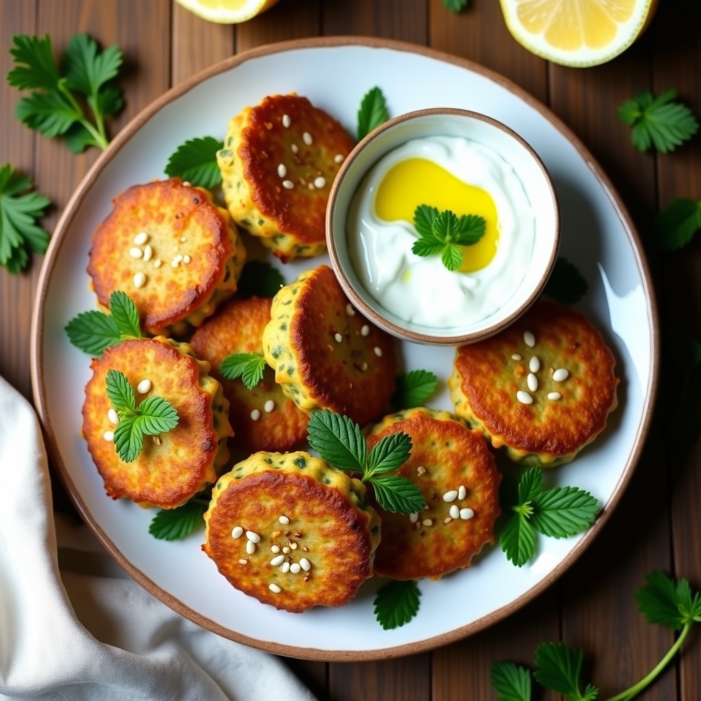 Tortitas doradas y crujientes de calabacín y queso feta en airfryer, servidas en plato blanco con salsa cremosa de menta y tzatziki, decoradas con hojas de menta fresca y semillas de sésamo.