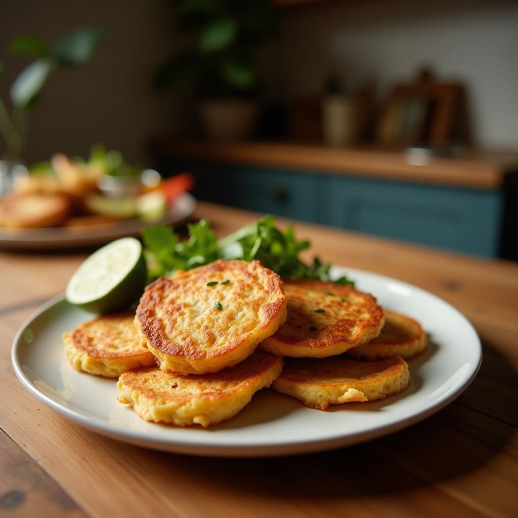 Tortitas doradas y crujientes de calabacín y zanahoria en airfryer, servidas en un plato blanco con hierbas frescas y un dip de yogur al lado.