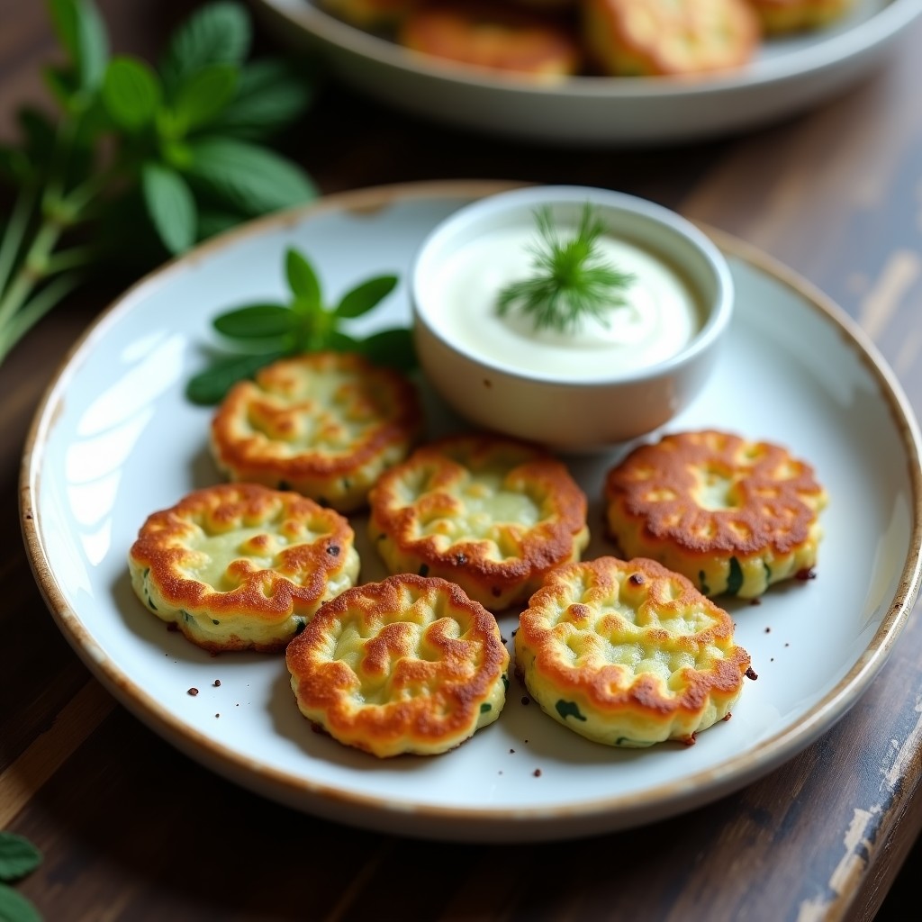 Plato blanco con 6 tortitas doradas de calabacín y zucchini, crujientes por fuera, acompañadas de un bol pequeño con dip cremoso de yogur griego, eneldo y menta fresca. Detalle de hierbas verdes espolvoreadas sobre el dip y fondo de mesa de madera rústica.