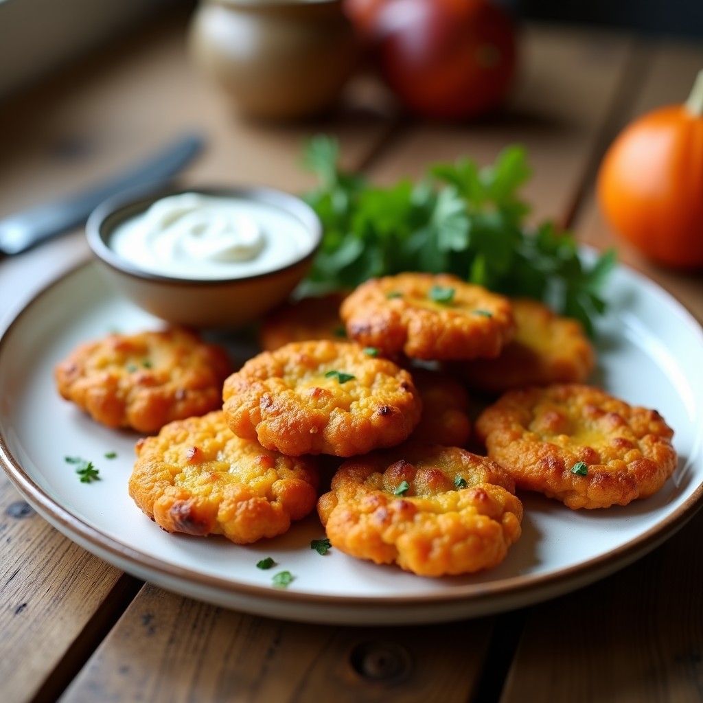 Tortitas doradas y crujientes de calabaza y ajo negro en airfryer, servidas en un plato rústico con dip de yogur y hierbas frescas.