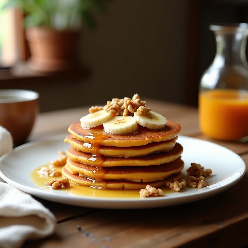 Pila de tortitas doradas de calabaza y avena sin harina, servidas en plato blanco con nueces picadas, rodajas de plátano y un hilo de miel, sobre fondo rústico de madera.
