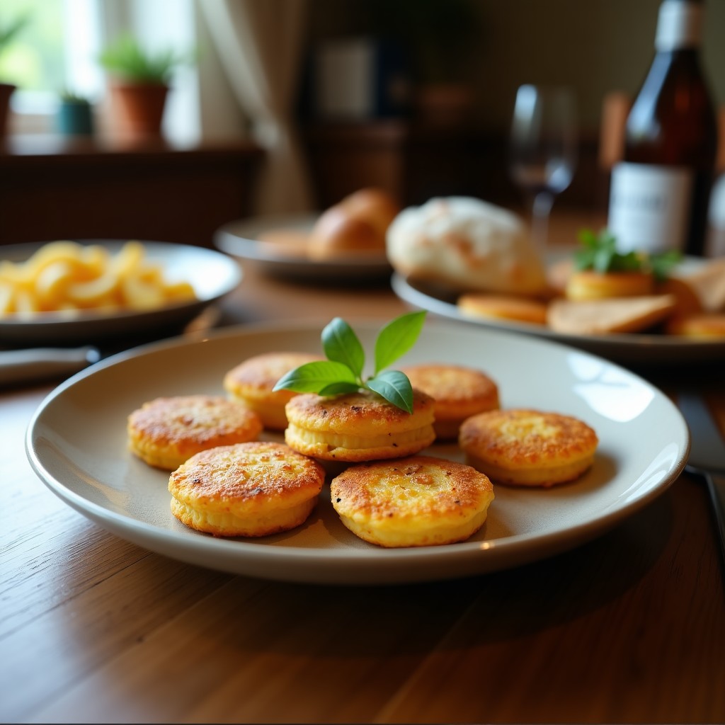 Pila de tortitas doradas de calabaza y avena sin huevo, apiladas con capas de crema de cacahuete y rodajas de plátano, servidas en plato blanco rústico.